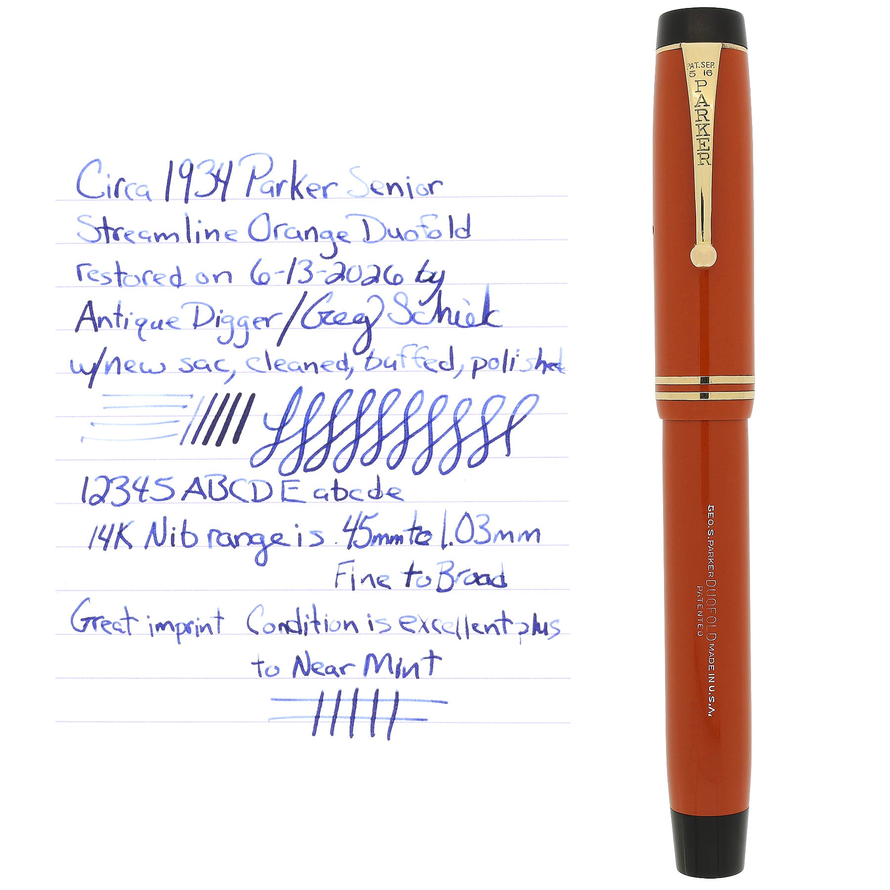 1934 PARKER SENIOR STREAMLINE ORANGE DUOFOLD FOUNTAIN PEN RESTORED NEA