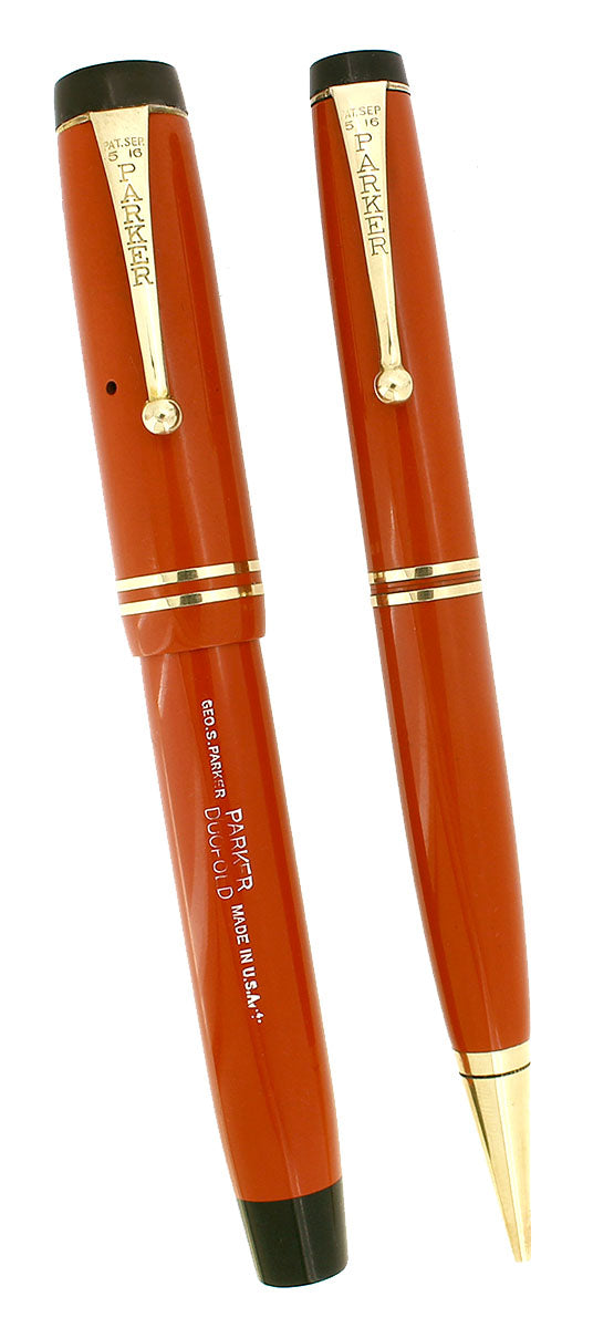 1934 PARKER ORANGE DUOFOLD SENIOR STREAMLINE FOUNTAIN PEN & PENCIL SET