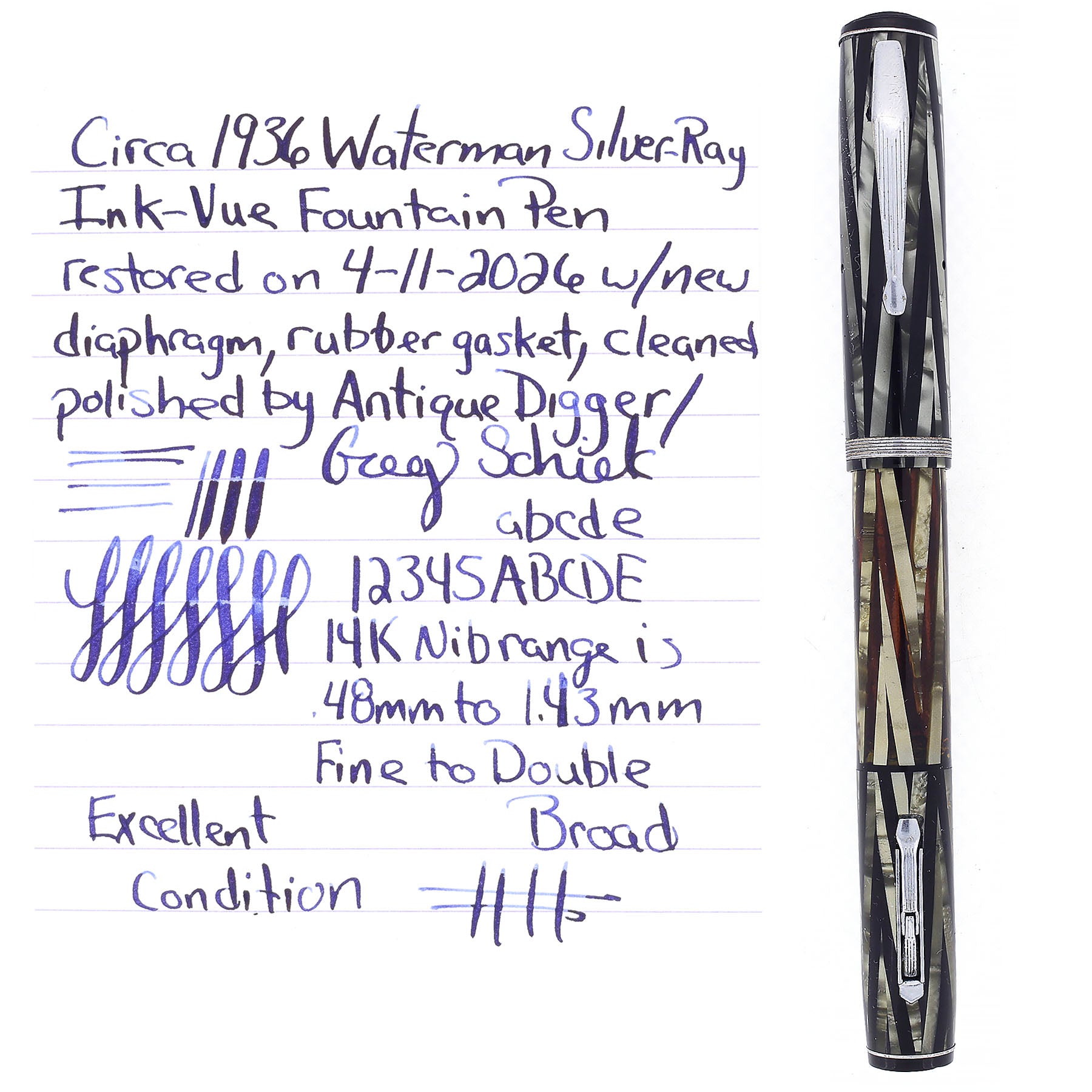 CIRCA 1936 WATERMAN INK-VUE SILVER RAY 14K RED KEYHOLE FLEX NIB FOUNTA