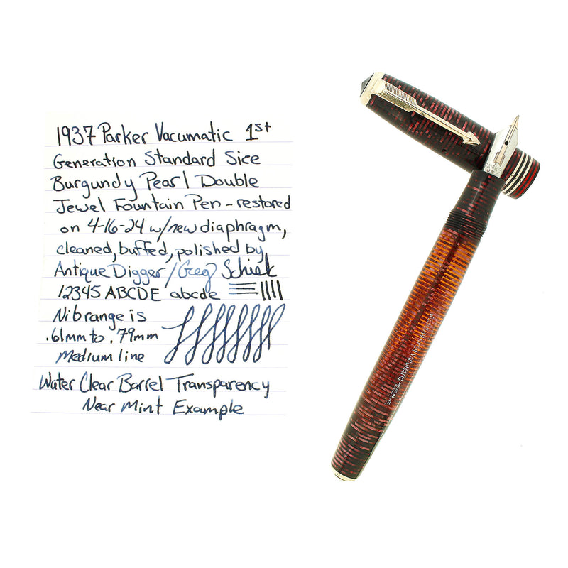 1937 PARKER VACUMATIC BURGUNDY PEARL DOUBLE JEWEL STANDARD SIZE FOUNTAIN PEN RESTORED OFFERED BY ANTIQUE DIGGER