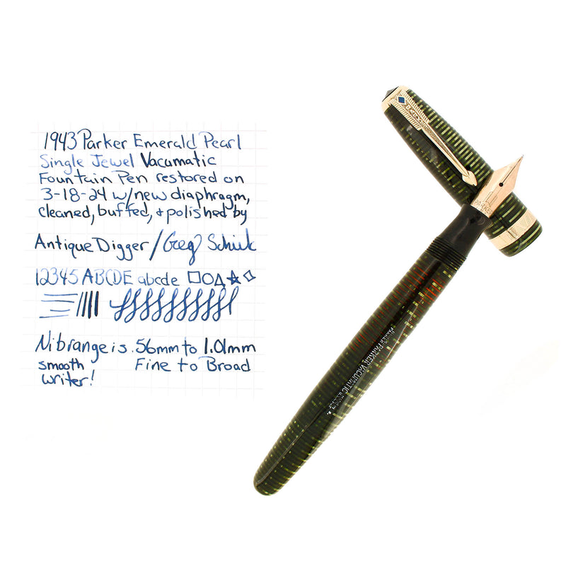 1943 PARKER VACUMATIC EMERALD PEARL FOUNTAIN PEN RESTORED OFFERED BY ANTIQUE DIGGER