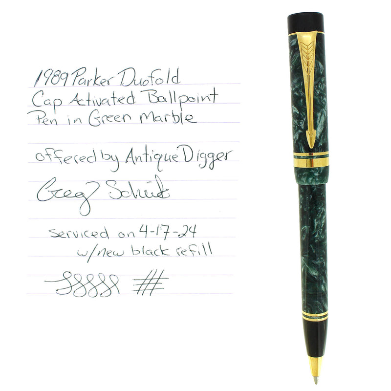 1989 PARKER DUOFOLD GREEN MARBLE CAP ACTIVATED BALLPOINT PEN OFFERED BY ANTIQUE DIGGER