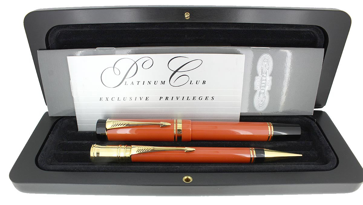 1990 PARKER DUOFOLD CENTENNIAL SPECIAL EDITION ORANGE FOUNTAIN PEN & P