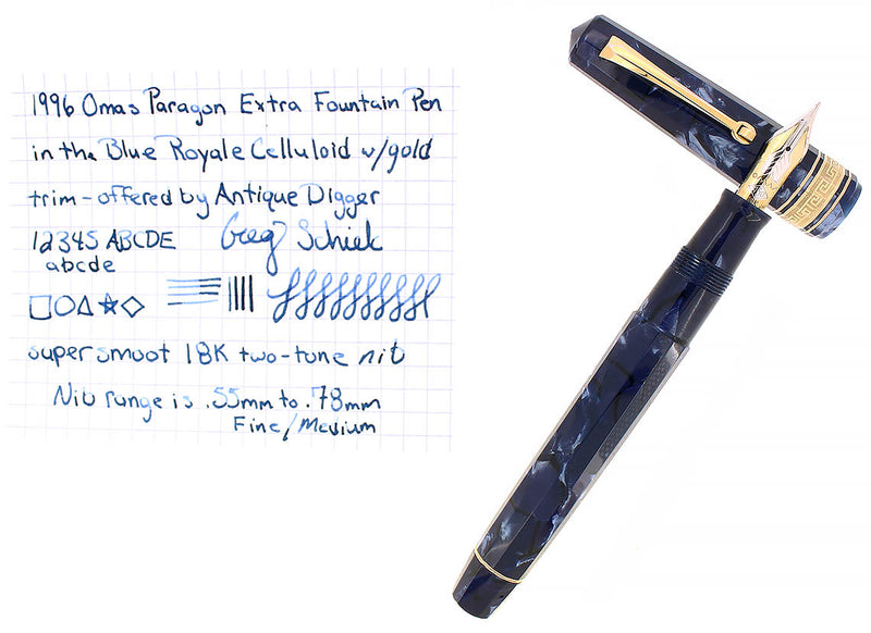 1996 OMAS EXTRA PARAGON BLUE ROYALE CELLULOID "OLD STYLE" FOUNTAIN PEN OFFERED BY ANTIQUE DIGGER