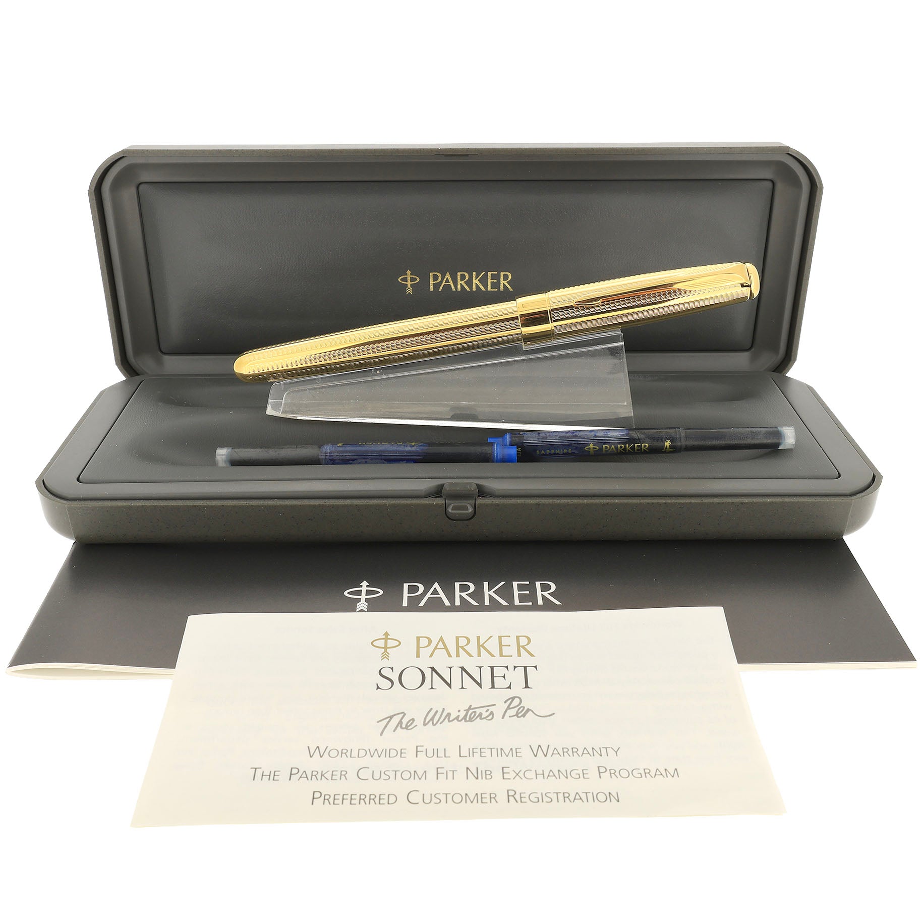 1998 PARKER SONNET CASCADE GOLD PATTERN 18K BROAD NIB FOUNTAIN PEN NEW