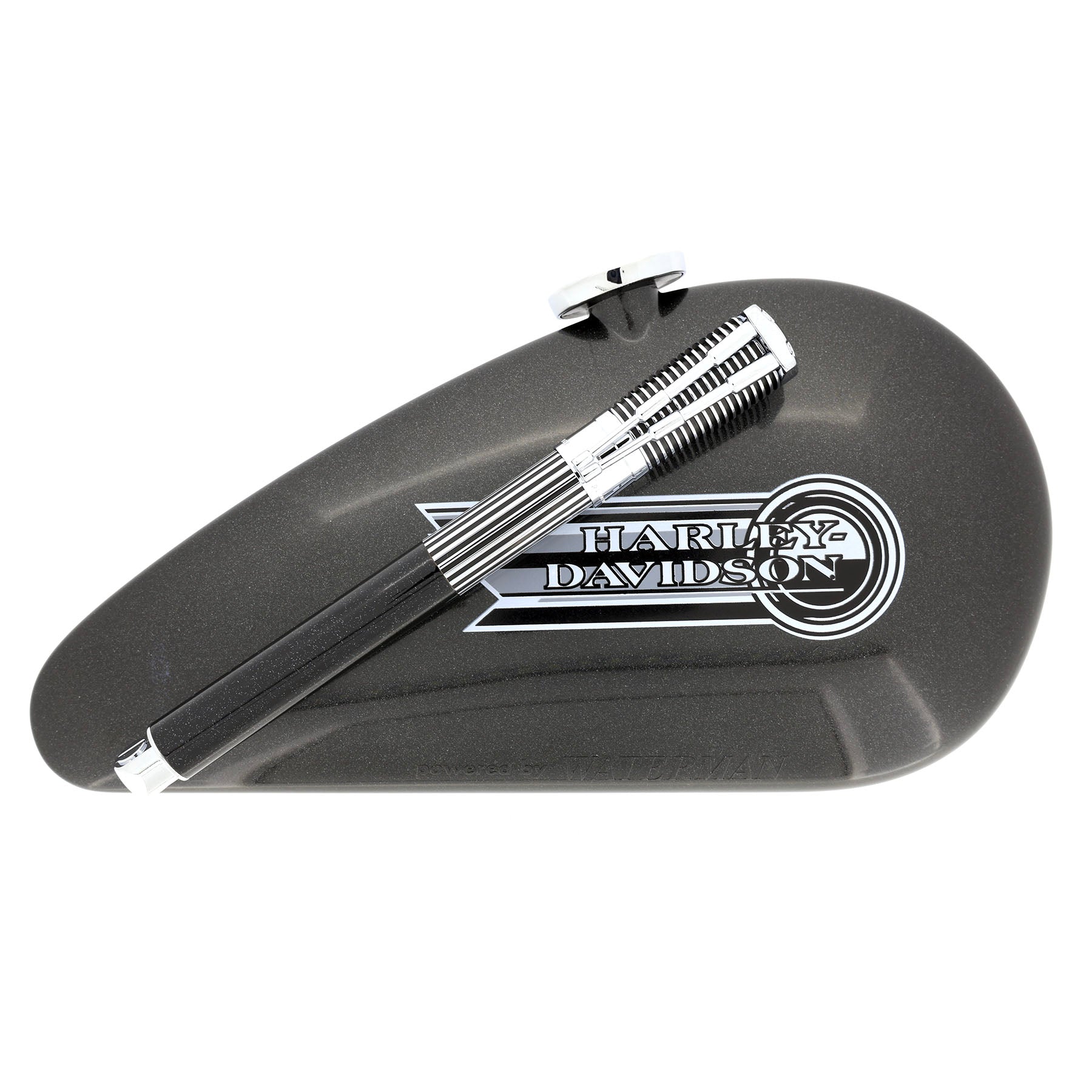 1999 WATERMAN CHROME & BLACK HARLEY DAVIDSON FOUNTAIN PEN IN GAS TANK