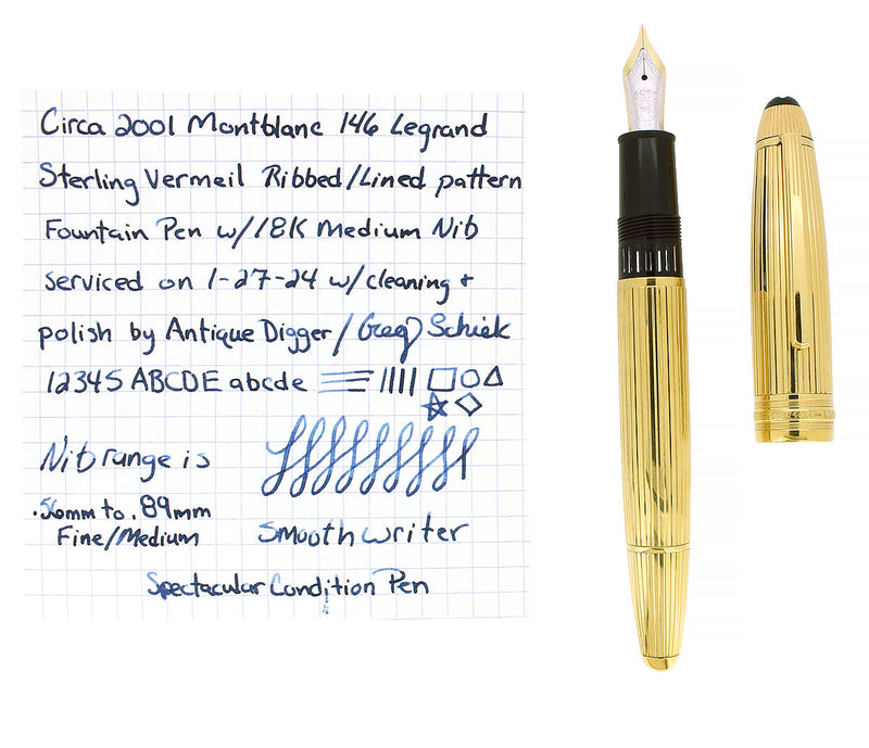 C2001 MONTBLANC 146 LEGRAND SOLITAIRE STERLING VERMEIL PINSTRIPE PATTERN 18K M NIB FOUNTAIN PEN OFFERED BY ANTIQUE DIGGER