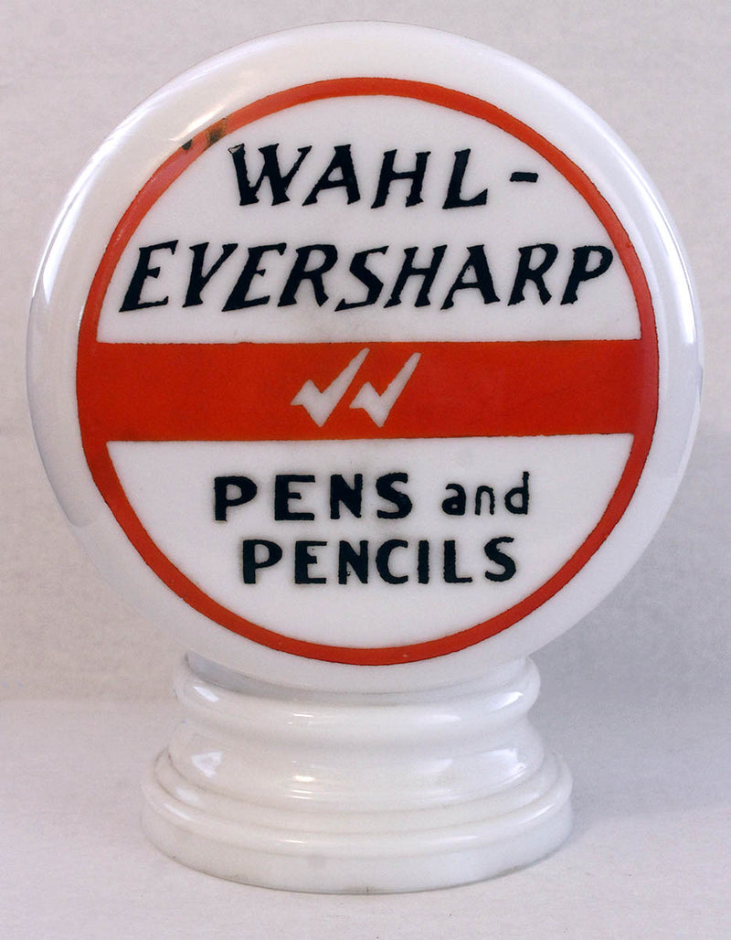 1940S WAHL EVERSHARP PEN & PENCIL RED TOP LEAD MILK GLASS 2-SIDED ADVERTISING GLOBE OFFERED BY ANTIQUE DIGGER
