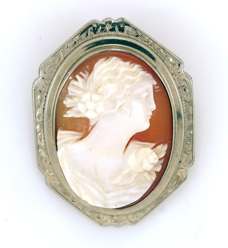 ANTIQUE 14K CAMEO BROOCH WITH HAND CHASED BEZEL & RELIEF SHELL CAMEO OFFERED BY ANTIQUE DIGGER