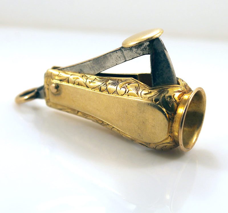 VICTORIAN 14K YELLOW GOLD HAND CHASED CIGAR CUTTER FOB OFFERED BY ANTIQUE DIGGER