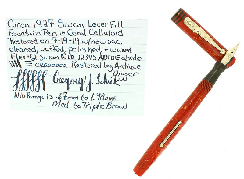 CIRCA 1927 SWAN CORAL CELLULOID M-BBB+ FLEX NIB FOUNTAIN PEN RESTORED BEAUTIFUL OFFERED BY ANTIQUE DIGGER