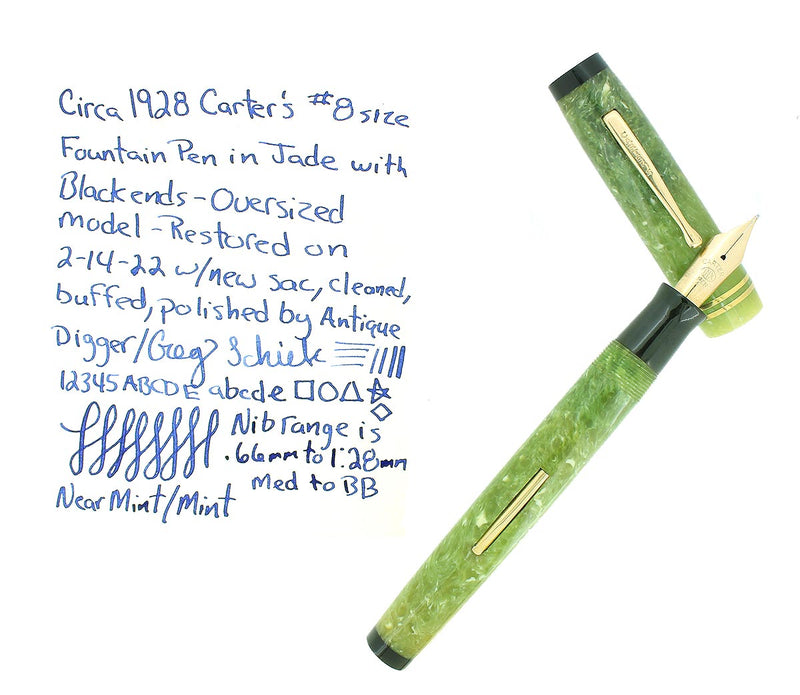 RARE C1928 CARTER'S OVERSIZE JADE W/BLACK ENDS FOUNTAIN PEN NEAR MINT CONDITION OFFERED BY ANTIQUE DIGGER