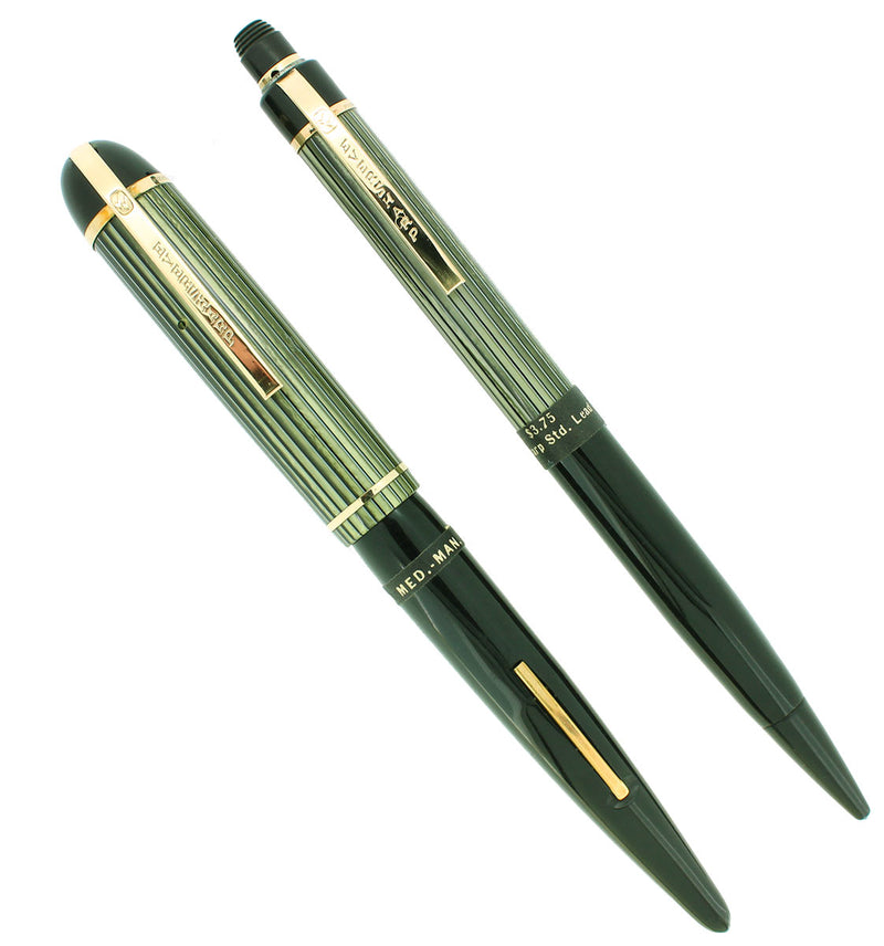C1943 EVERSHARP SKYLINE GREEN STRIPE FOUNTAIN PEN SET NOS MINT IN BOX STICKERED OFFERED BY ANTIQUE DIGGER
