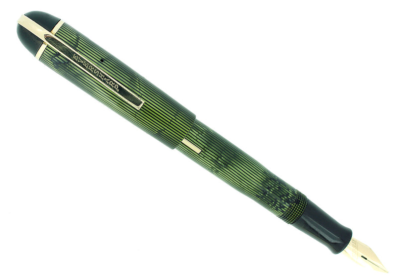 C1943 EVERSHARP SKYLINE EMERALD GREEN MOIRE CELLULOID FOUNTAIN PEN RESTORED SMOOTH NIB OFFERED BY ANTIQUE DIGGER