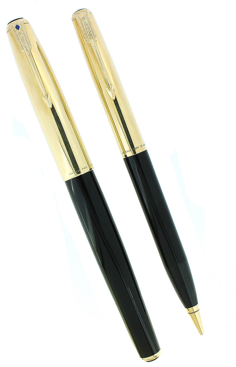 RARE 1945 PARKER 51 14K GOLD SMOOTH CAPS FOUNTAIN PEN AND PENCIL SET  RESTORED NEAR MINT