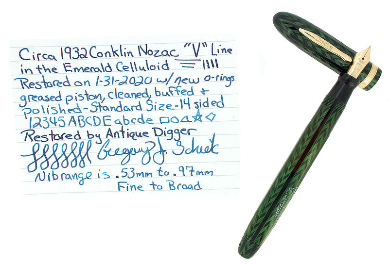C1932 CONKLIN NOZAC EMERALD V-LINE HERRINGBONE 14 SIDED FOUNTAIN PEN RESTORED OFFERED BY ANTIQUE DIGGER