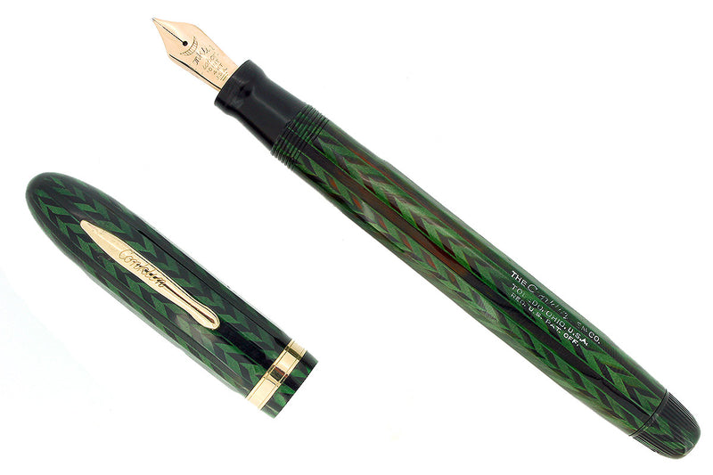 C1932 CONKLIN NOZAC EMERALD V-LINE HERRINGBONE 14 SIDED FOUNTAIN PEN RESTORED OFFERED BY ANTIQUE DIGGER