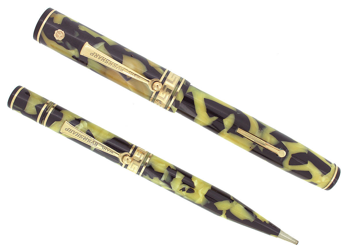 1930s WAHL EVERSHARP GOLD SEAL OVERSIZE DECO BAND FOUNTAIN PEN & PENCIL SET  RESTORED