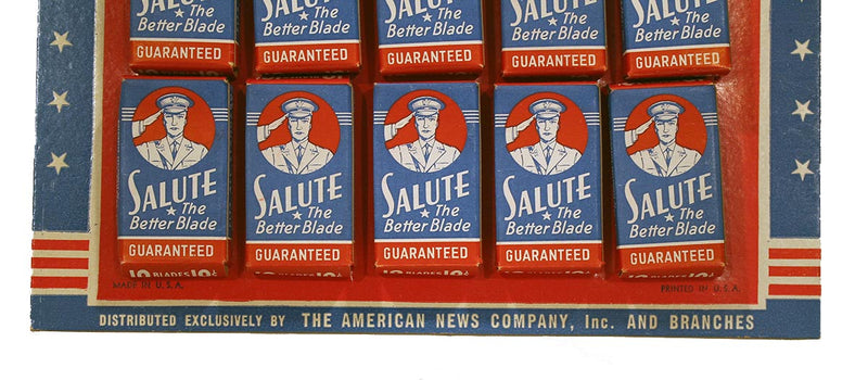 1940s SALUTE THE BETTER BLADE STORE DISPLAY 20 UNUSED BOXES COMPLETE MINT NOS OFFERED BY ANTIQUE DIGGER