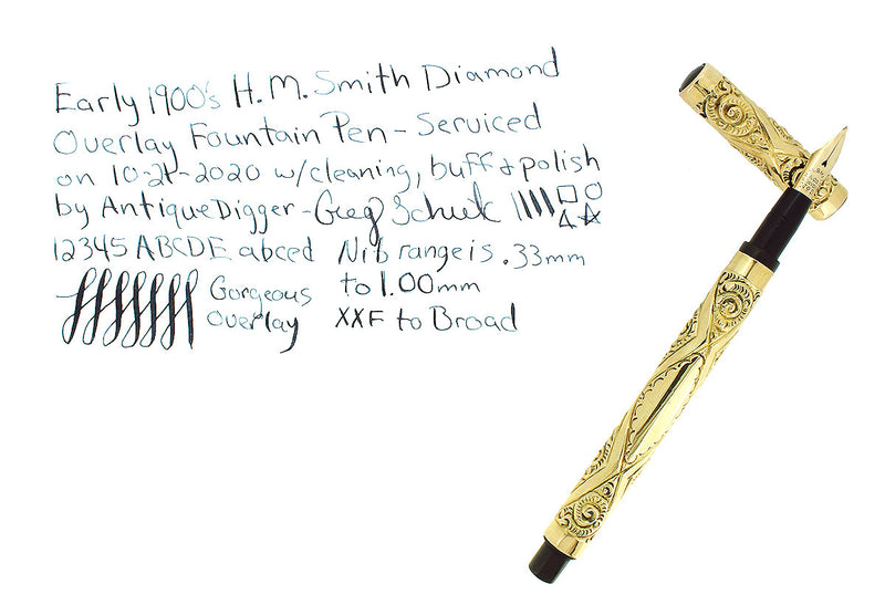 C1895 H.M. SMITH DIAMOND PATTERN GOLD FILLED OVERLAY FOUNTAIN PEN RESTORED OFFERED BY ANTIQUE DIGGER