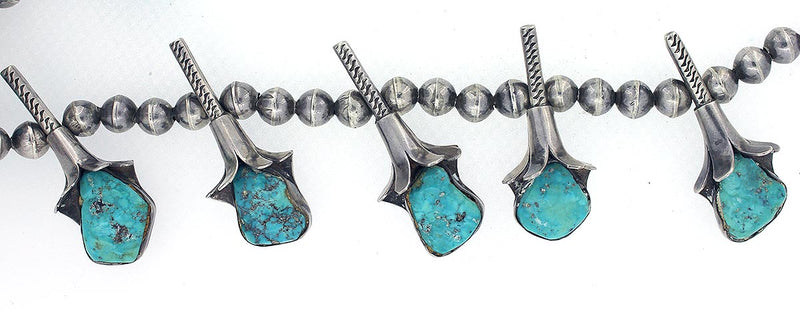 CIRCA 1940s OLD PAWN STERLING SILVER TURQUOISE SQUASH BLOSSOM NECKLACE OFFERED BY ANTIQUE DIGGER