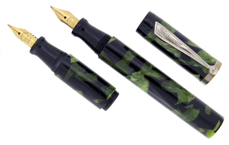 CIRCA 1933 FOUR WAY FOUNTAIN PEN GREEN BLACK MARBLED CELLULOID 2 NIBS SCARCE RESTORED OFFERED BY ANTIQUE DIGGER
