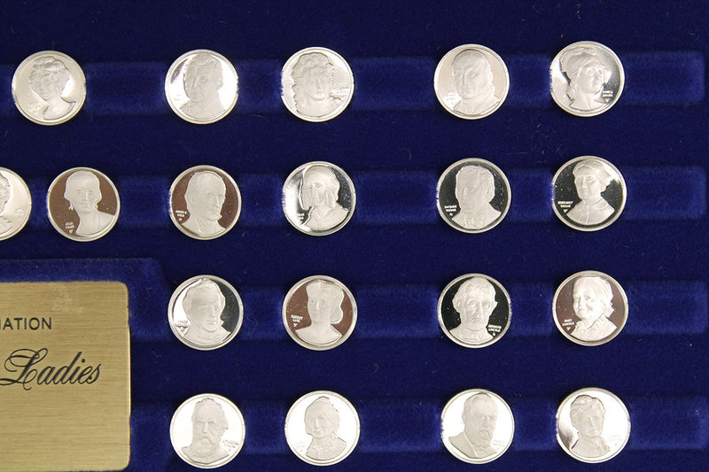 1977 STERLING SILVER FRANKLIN MINT PRESIDENTS FIRST LADIES 80 COIN SET WITH WOODEN PRESENTATION DISPLAY OFFERED BY ANTIQUE DIGGER