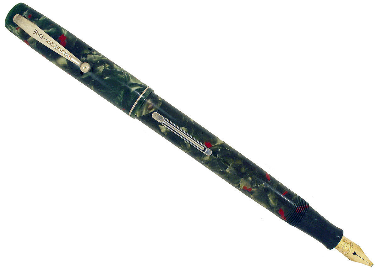 RESTORED 1930s WATERMAN #3 FOUNTAIN PEN GREEN AND RED QUARTZ WITH