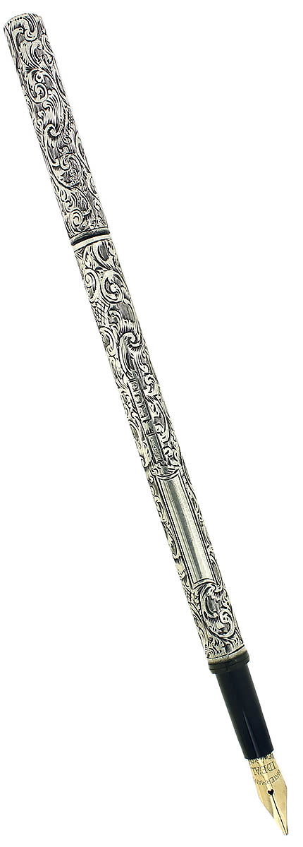 SCARCE 1914 BRITISH WATERMAN EYEDROPPER HAND ENGRAVED STRAIGHT CAP STERLING FOUNTAIN PEN  OFFERED BY ANTIQUE DIGGER