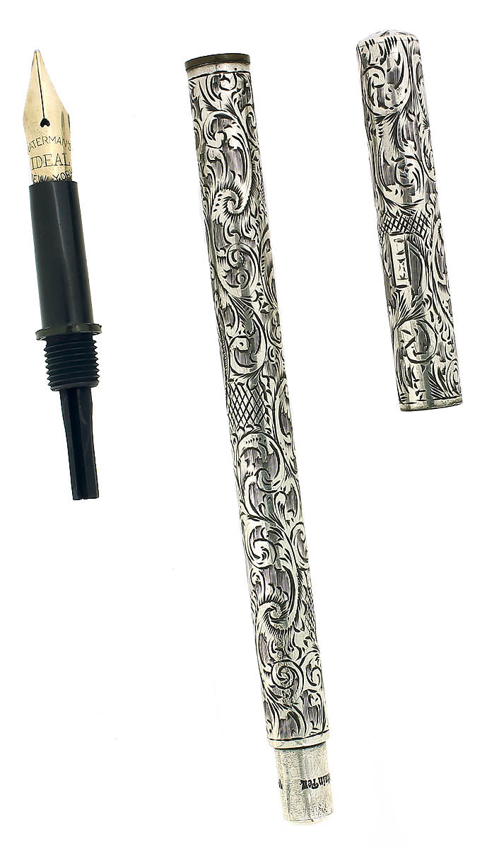 SCARCE 1914 BRITISH WATERMAN EYEDROPPER HAND ENGRAVED STRAIGHT CAP STERLING FOUNTAIN PEN  OFFERED BY ANTIQUE DIGGER