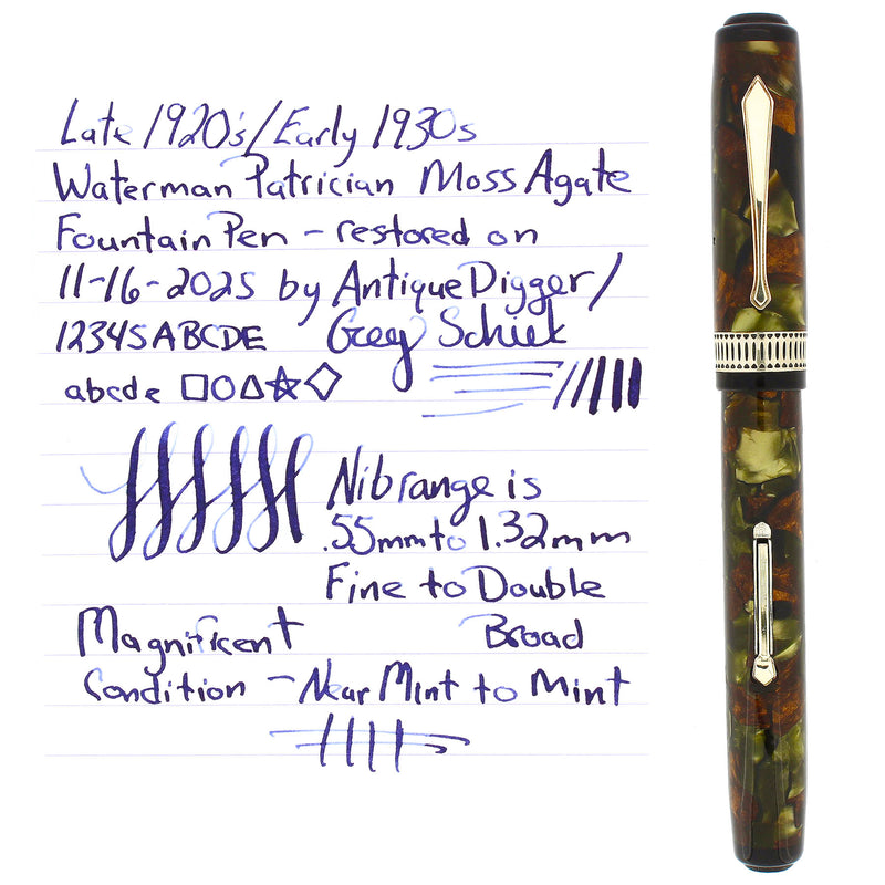 1920S WATERMAN PATRICIAN MOSS AGATE 14K F-BB SEMI-FLEX NIB FOUNTAIN PEN RESTORED NEAR MINT OFFERED BY ANTIQUE DIGGER