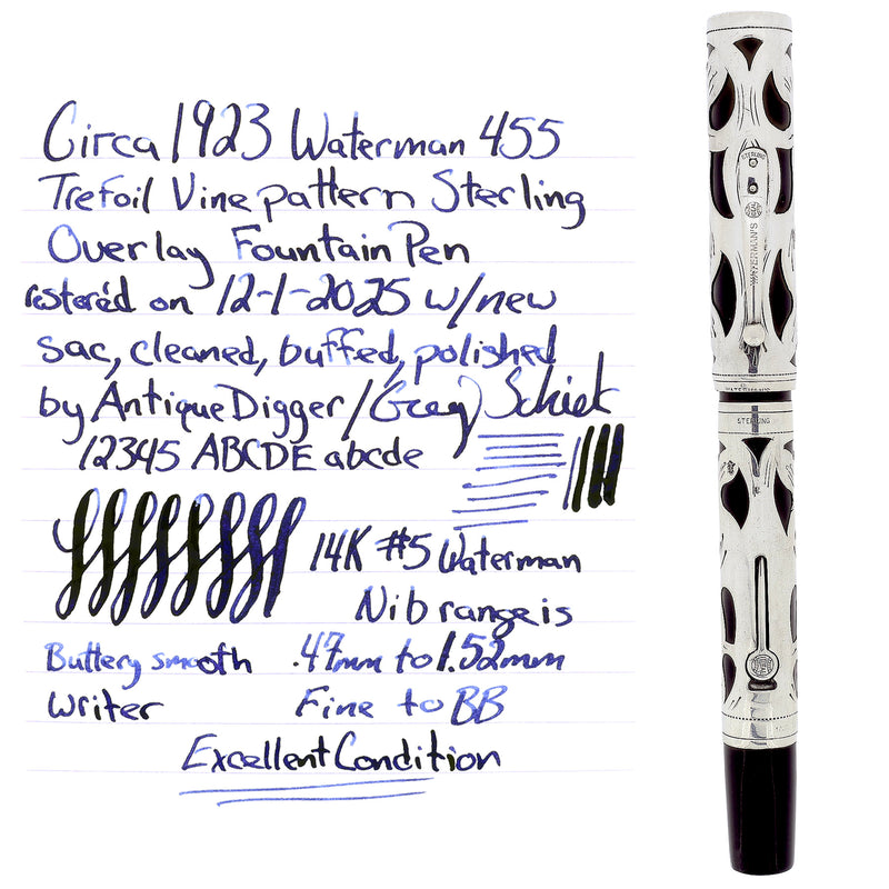 1923 WATERMAN 455 STERLING TREFOIL VINE PATTERN FOUNTAIN PEN RESTORED OFFERED BY ANTIQUE DIGGER