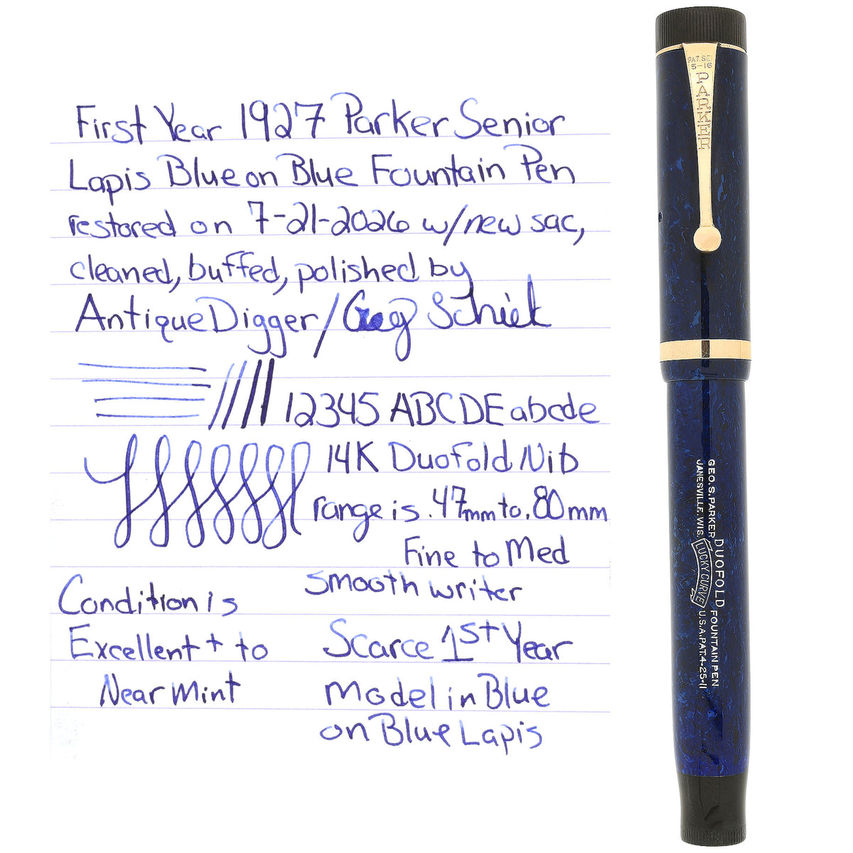 CIRCA 1927 PARKER SR DUOFOLD BLUE ON BLUE LAPIS FOUNTAIN PEN F-M