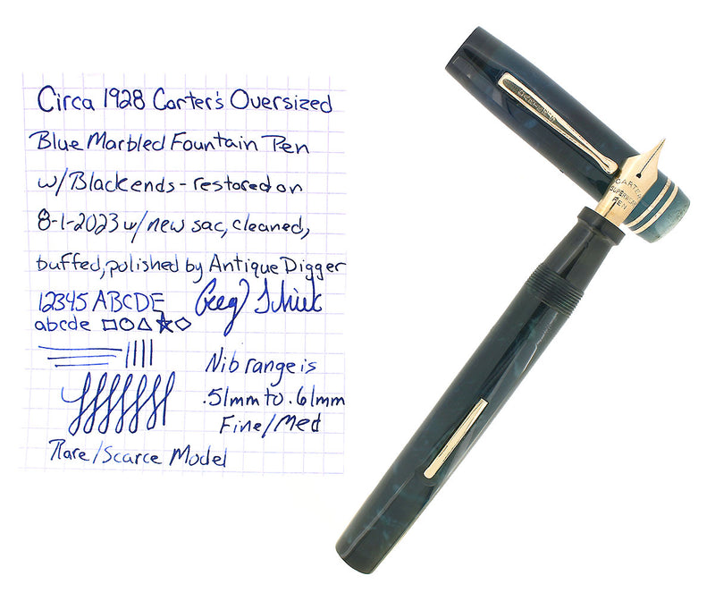 RARE C1928 CARTER'S OVERSIZE BLUE MARBLED W/BLACK ENDS FOUNTAIN PEN RESTORED OFFERED BY ANTIQUE DIGGER
