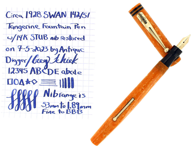 RARE C1928 SWAN MABIE TODD TANGERINE CELLULOID STUB NIB FOUNTAIN PEN RESTORED OFFERED BY ANTIQUE DIGGER