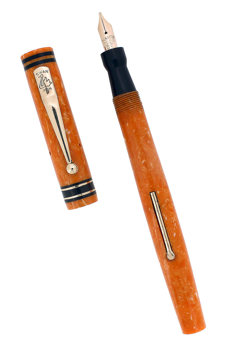 RARE C1928 SWAN MABIE TODD TANGERINE CELLULOID STUB NIB FOUNTAIN PEN RESTORED OFFERED BY ANTIQUE DIGGER
