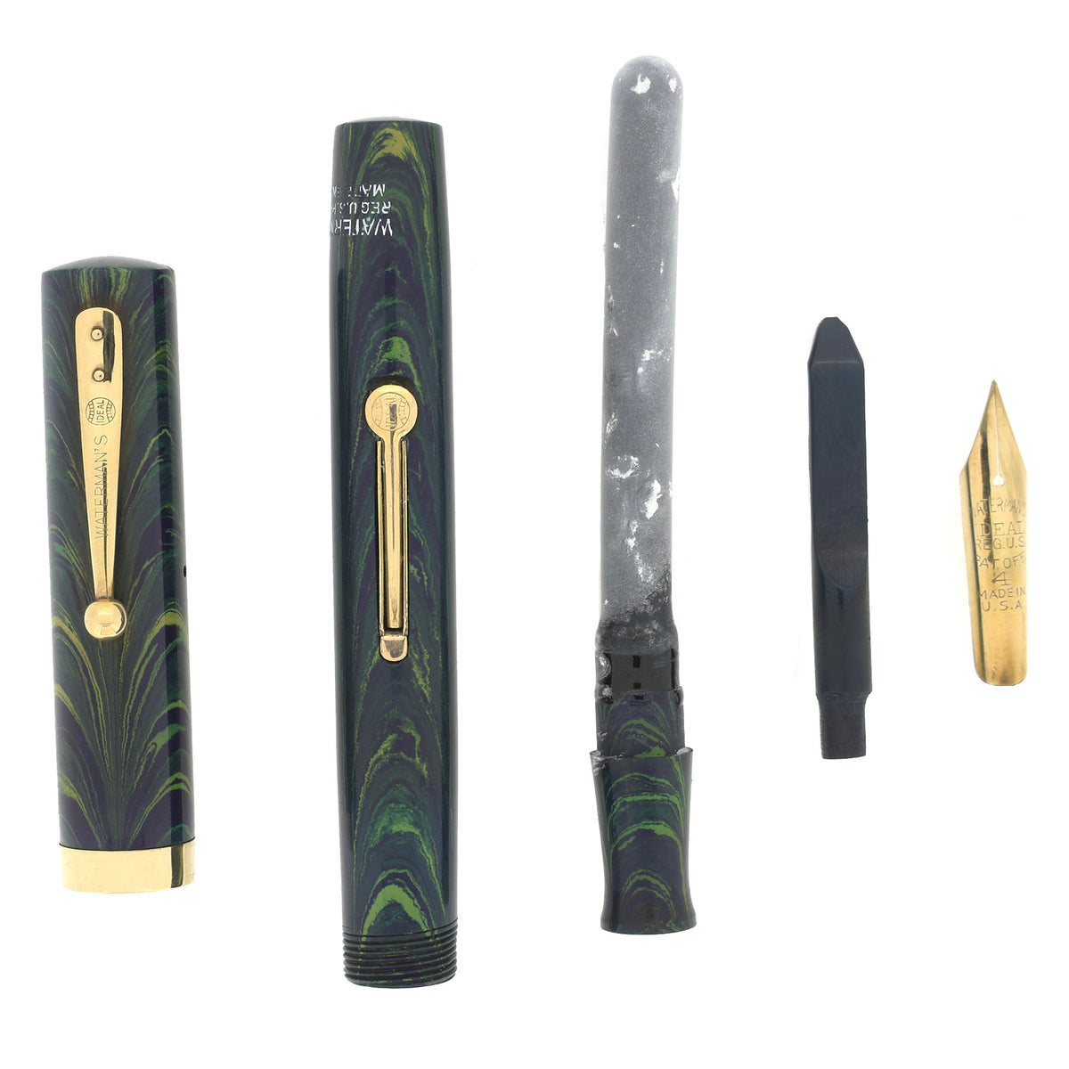 CIRCA 1928 WATERMAN 94 BLUE GREEN RIPPLE 9CT CAP BANDING FOUNTAIN PEN