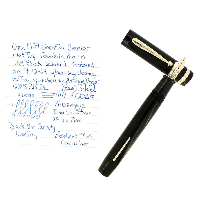 CIRCA 1929 SHEAFFER SENIOR FLAT TOP JET BLACK FOUNTAIN PEN RESTORED OFFERED BY ANTIQUE DIGGER