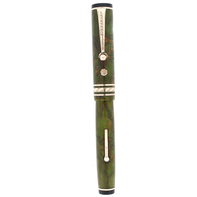 STICKERED CIRCA 1929 WAHL EVERSHARP BRAZILIAN GREEN GOLD SEAL DECOBAND FOUNTAIN PEN OFFERED BY ANTIQUE DIGGER