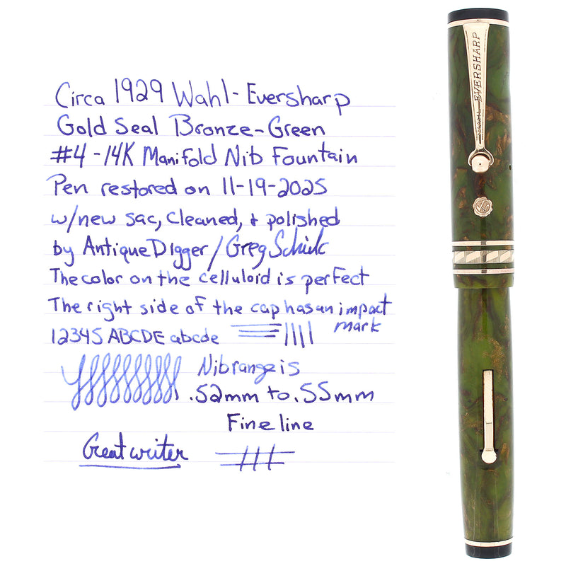 STICKERED CIRCA 1929 WAHL EVERSHARP BRAZILIAN GREEN GOLD SEAL DECOBAND FOUNTAIN PEN OFFERED BY ANTIQUE DIGGER