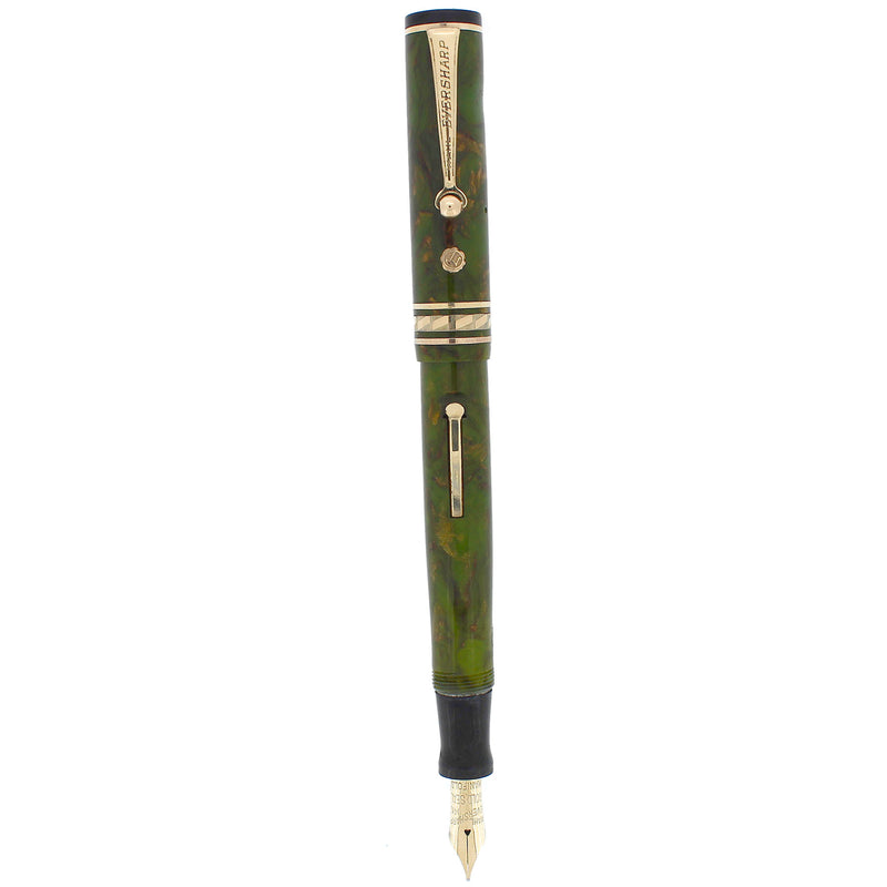 STICKERED CIRCA 1929 WAHL EVERSHARP BRAZILIAN GREEN GOLD SEAL DECOBAND FOUNTAIN PEN OFFERED BY ANTIQUE DIGGER