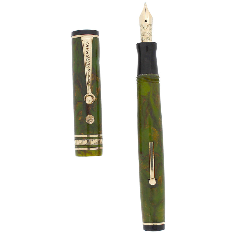 STICKERED CIRCA 1929 WAHL EVERSHARP BRAZILIAN GREEN GOLD SEAL DECOBAND FOUNTAIN PEN OFFERED BY ANTIQUE DIGGER