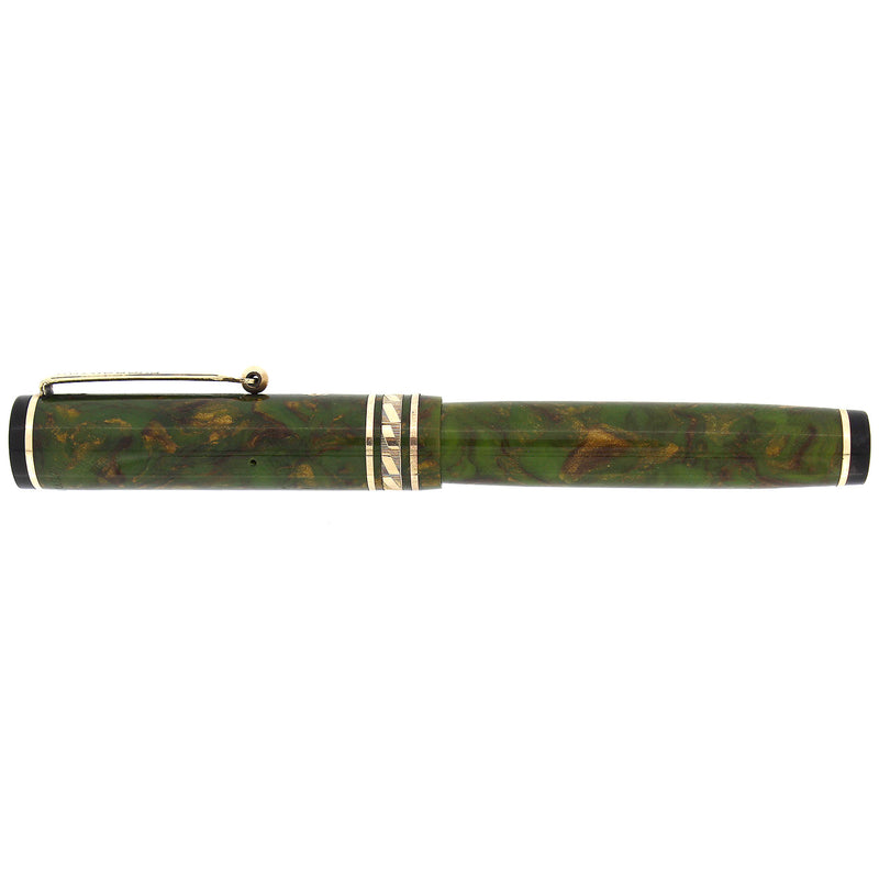 STICKERED CIRCA 1929 WAHL EVERSHARP BRAZILIAN GREEN GOLD SEAL DECOBAND FOUNTAIN PEN OFFERED BY ANTIQUE DIGGER