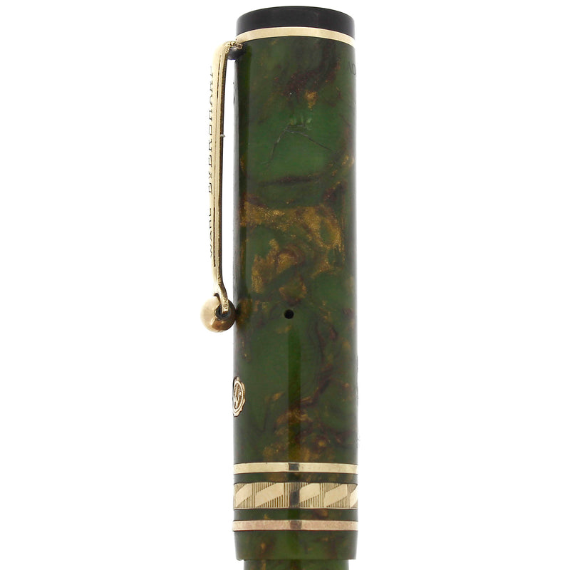 STICKERED CIRCA 1929 WAHL EVERSHARP BRAZILIAN GREEN GOLD SEAL DECOBAND FOUNTAIN PEN OFFERED BY ANTIQUE DIGGER