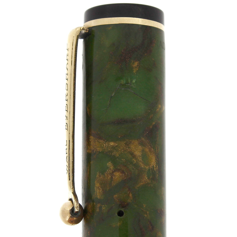 STICKERED CIRCA 1929 WAHL EVERSHARP BRAZILIAN GREEN GOLD SEAL DECOBAND FOUNTAIN PEN OFFERED BY ANTIQUE DIGGER
