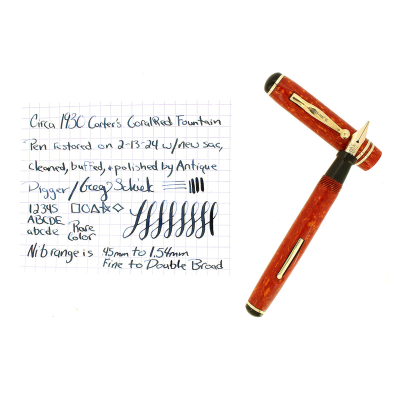 SCARCE CIRCA 1930 CARTER'S CORAL SLENDER STUBBY STREAMLINE FOUNTAIN PEN RESTORED OFFERED BY ANTIQUE DIGGER