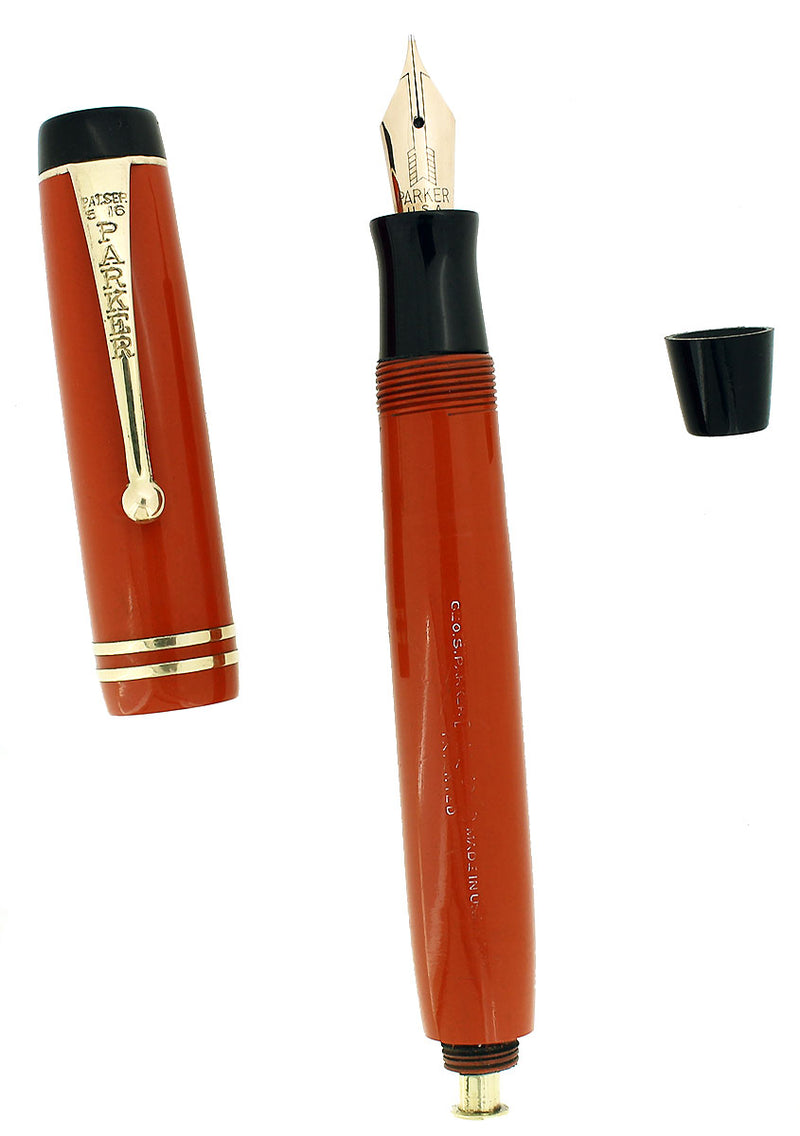 C1930 PARKER STREAMLINE DUOFOLD JR LACQUER RED FOUNTAIN PEN RESTORED OFFERED BY ANTIQUE DIGGER