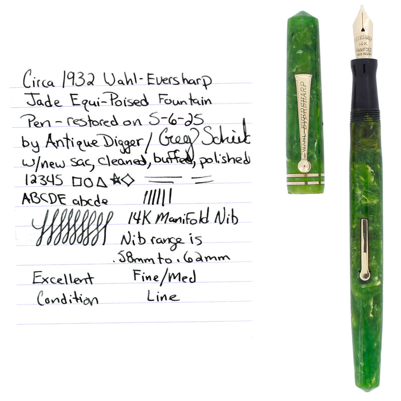 CIRCA 1932 WAHL EVERSHARP EQUIPOISED JADE FOUNTAIN PEN RESTORED OFFERED BY ANTIQUE DIGGER