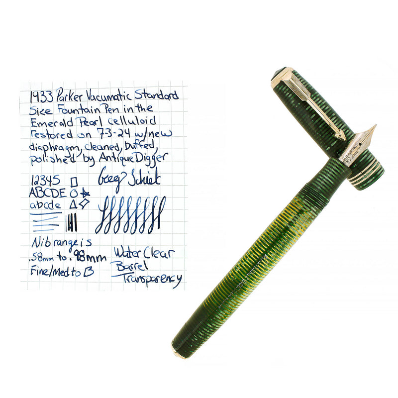 1933 PARKER EMERALD PEARL VACUMATIC STANDARD DOUBLE JEWEL FOUNTAIN PEN RESTORED OFFERED BY ANTIQUE DIGGER