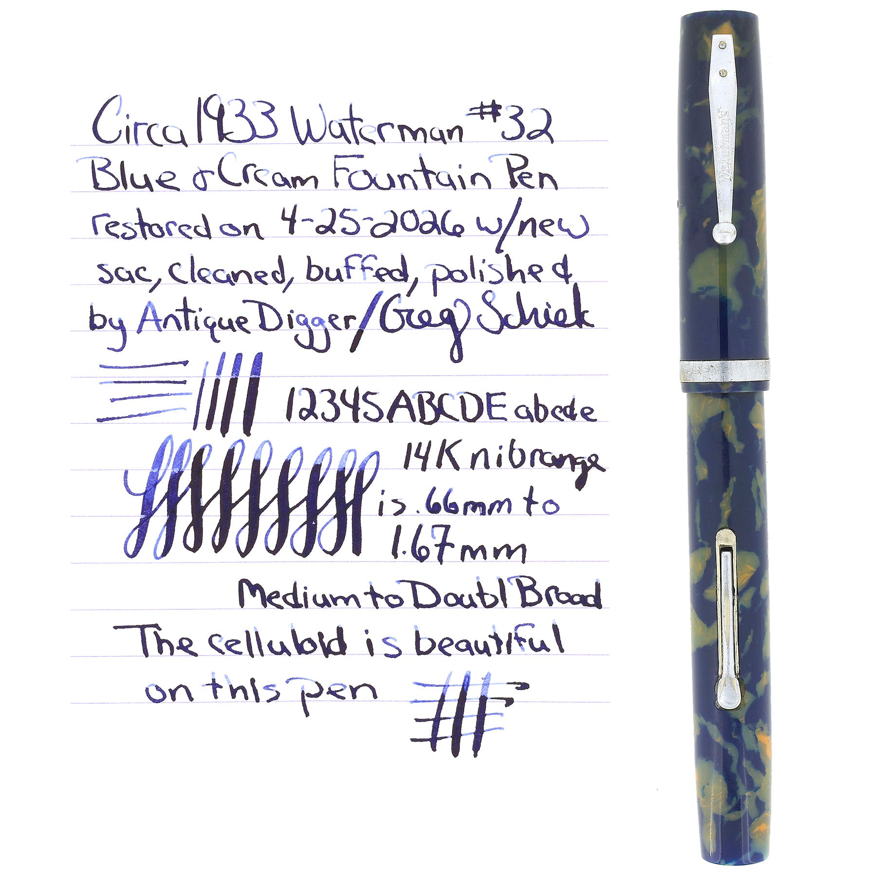 1930s WATERMAN 32 FULL-SIZE BLUE & CREAM CELLULOID FOUNTAIN PEN F-BB+ ...
